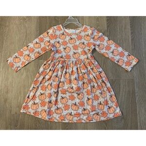 New Boutique Girl’s Size 5/6 Ling Sleeve Fall Dress With  Sweet Pumpkin Print